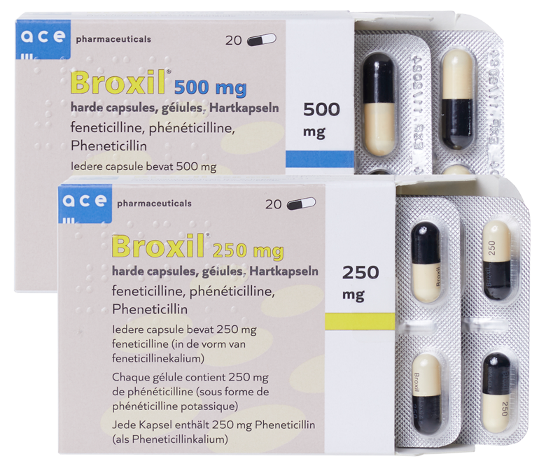 Een verpakking van Broxil, een geneesmiddel geproduceerd door Ace Pharmaceuticals. Broxil (Feneticilline) behoort tot de penicilline-antibiotica en wordt ingezet tegen bacteriële infecties zoals keelontsteking, longontsteking en huidinfecties zoals krentenbaard.